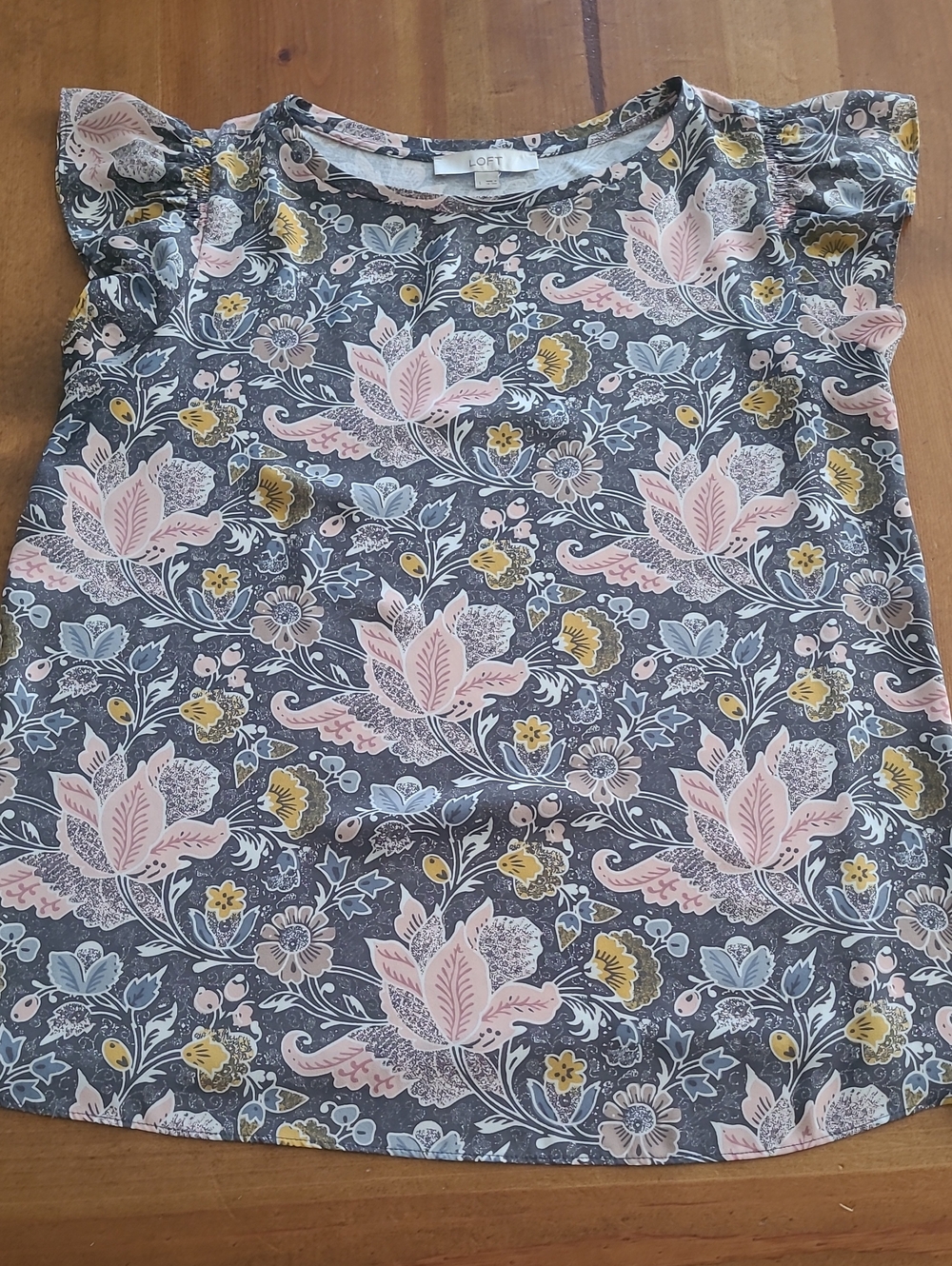 LOFT Floral Flutter-Sleeve Blouse in Gray, Pink & Yellow